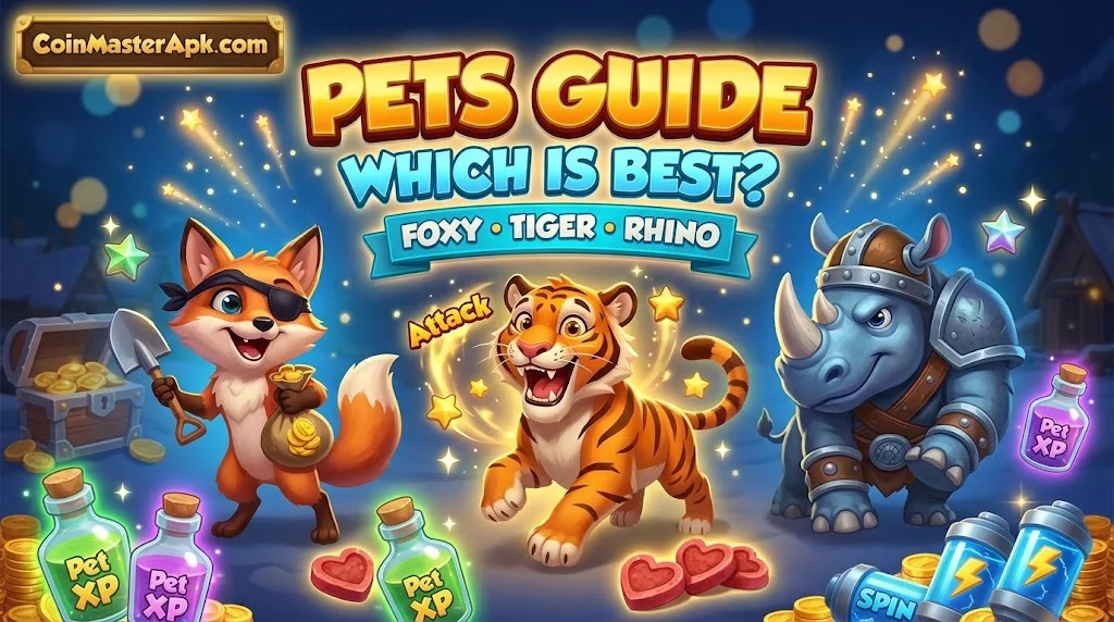 Coin Master pets guide foxy tiger and rhino upgrade strategy